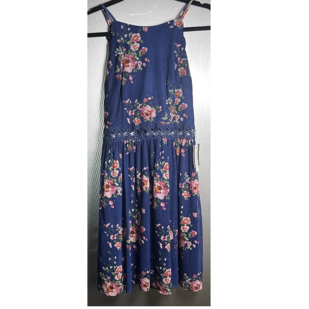 New I.N. San Francisco Blue Print Mesh Strappy Floral Dress Size 9